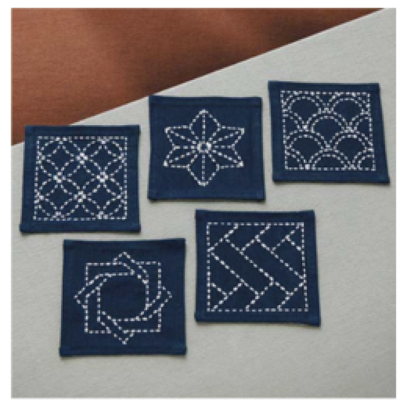 Sashiko kit til 5 coasters - Marineblå